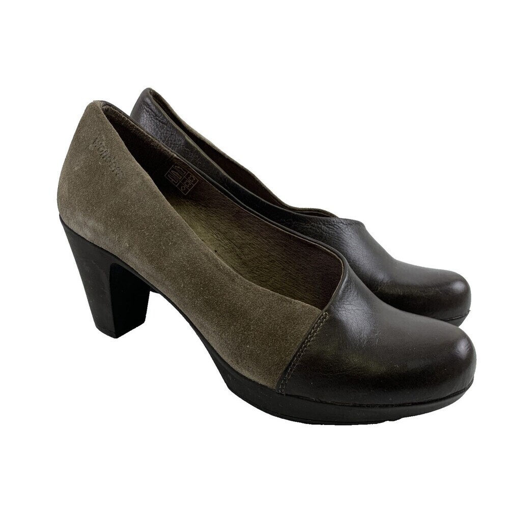 Wonders Leather Pump Slip On Brown Tan Suede Round Toe Block Heel Womens 38‎ 7.5
